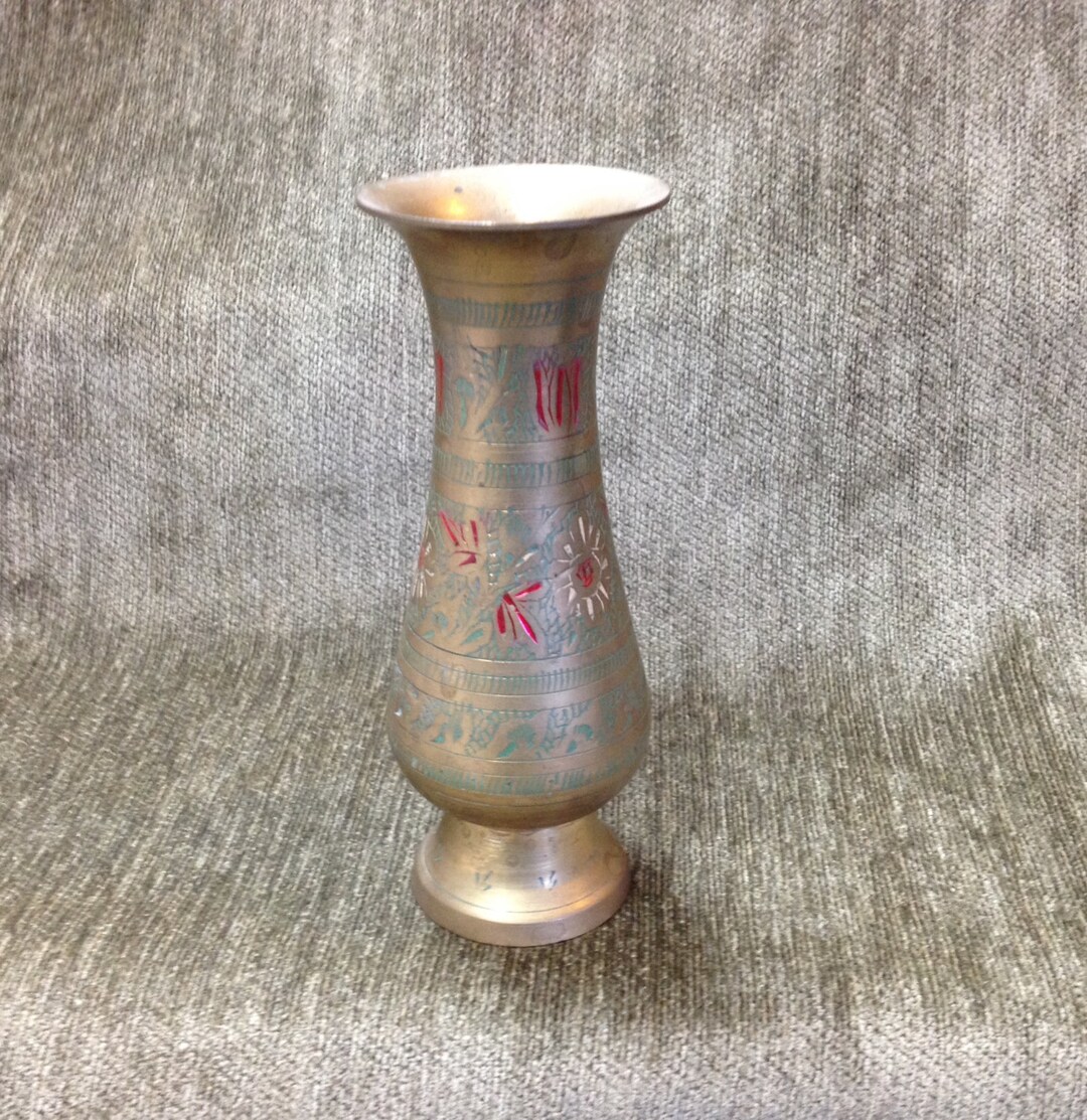 Engraved Hand Painted Brass Vase Vintage Brass Vase Indian Etsy