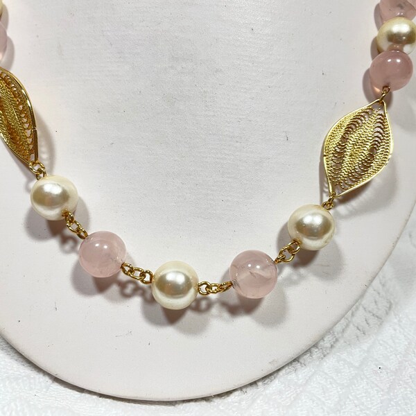 Napier Gold Tone Feather Leaf with Pink and White Faux Pearls Necklace with Spring Ring Closure,  Signed Napier, 18" Long