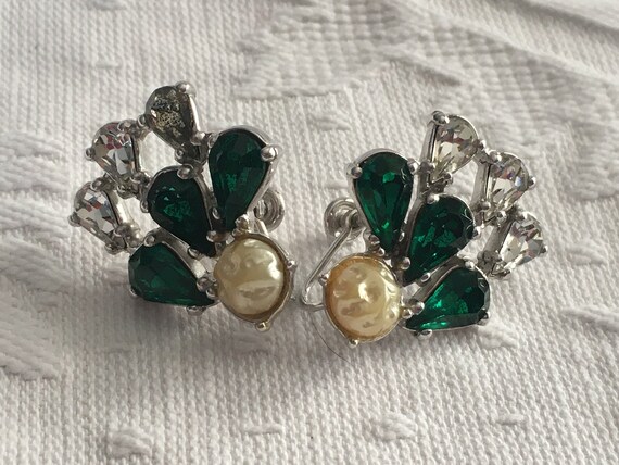 Silver Tone Emerald Green and Clear Rhinestones w… - image 7