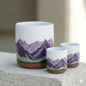Set di tazze in ceramica con paesaggio montano dipinto a mano, tazze da caffè espresso in gres
