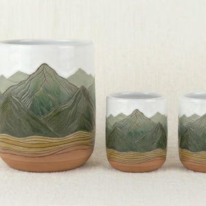 Hand-Painted Mountain Landscape Pottery Mug Set, Stoneware Coffee Espresso Cups