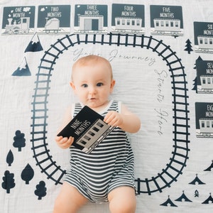 Manta de hito mensual, regalo de baby shower unisex, juego de tarjetas de hito, tarjetas de memoria de recuerdo de bebé, regalo de bebé niño, envoltura de tren