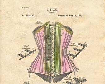 Ladies Corset Patent art print  1890 Tinted A4 / A5 historic fashion tech wall art