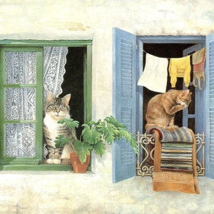 Cat artwork Lesley Anne Ivory Mediterranean Cats in the Sunny Windows print original vintage book plate wall decor wall hanging