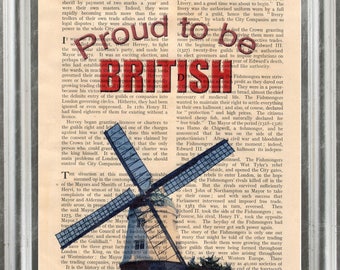 Windmill rural England on vintage book page, Proud to be British 26, art print, Upcycled book page,gift, wall decor