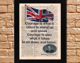 Citation de Winston Churchill, page de livre ancien Courage 1903, impression d'art dictionnaire, décoration murale recyclée