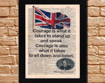 Winston Churchill quote Courage antique book page 1903 Dictionary art print Upcycled wall decor