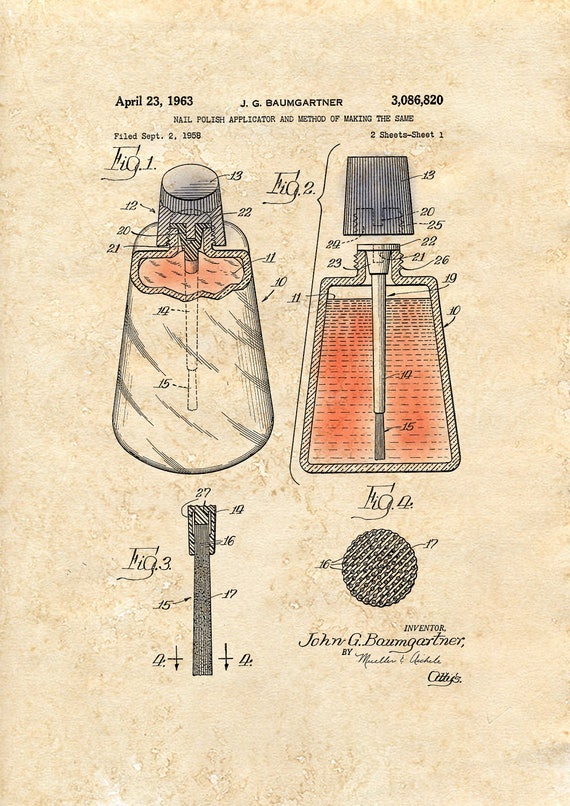 Historical Vintage Wall Art Nail Polish Applicator Patent Print Poster Great Gift Idea 1963