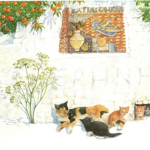 Cat artwork Lesley Anne Ivory Mediterranean Greek Cat and kittens in the Sun print original vintage book plate wall decor wall hanging