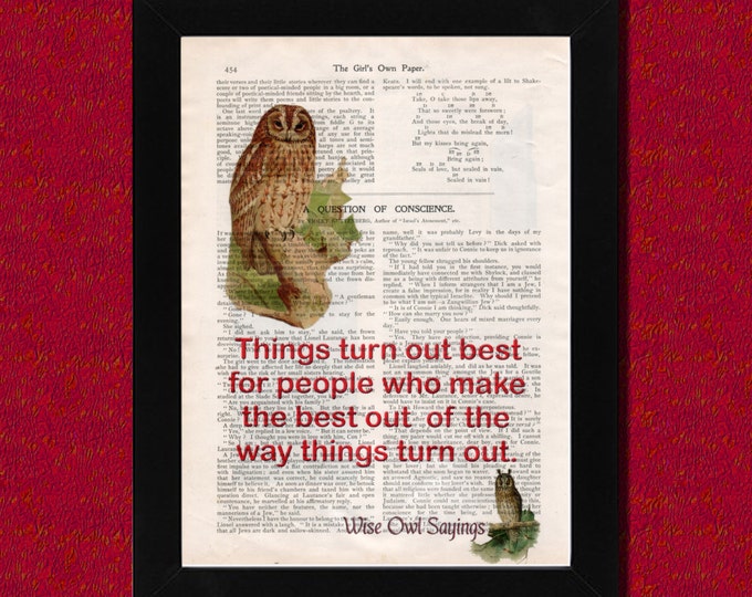 Owl "Things turn out best" quote on vintage book page, Wise Owl Sayings 4, art print, Upcycled book page, wall decor