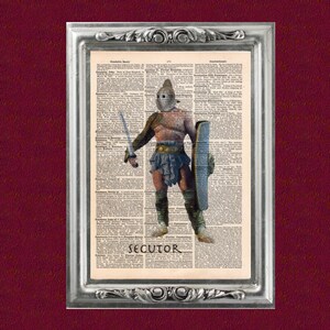 May include: A vintage dictionary page with a color illustration of a Roman gladiator wearing a helmet and holding a sword and shield. The text on the page reads "Secutor".