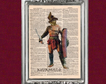 May include: A vintage dictionary page with a colorful illustration of a Roman gladiator, known as a Murmillo, holding a sword and shield. The text on the page defines the word "Murmillo".