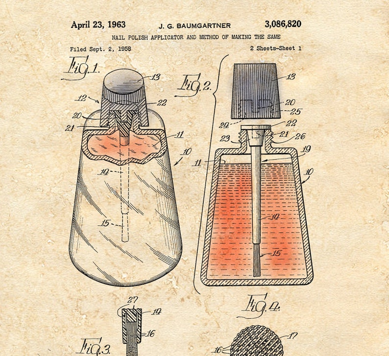 Nail Polish Applicator Patent Art Print 1963 Tinted A4 / A5 Historic