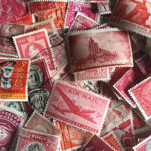 Assorted worldwide vintage stamps. Shades of RED x 50. Scrapbook, paper crafts,  junk journals, cards, collage, collectable