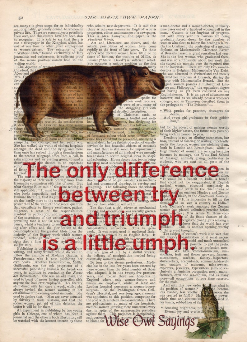 Hippo and Quote on Vintage Book Page, Wise Owl Sayings 9, Art Print