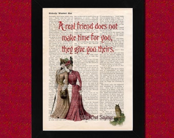 Edwardian Lady friendship quote on vintage book page, Wise Owl Sayings 20, art print, gift, Upcycled book page, wall decor