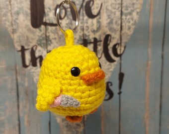 Duck with Knife plush, little duck key charm, crochet toy, plush amigurumi