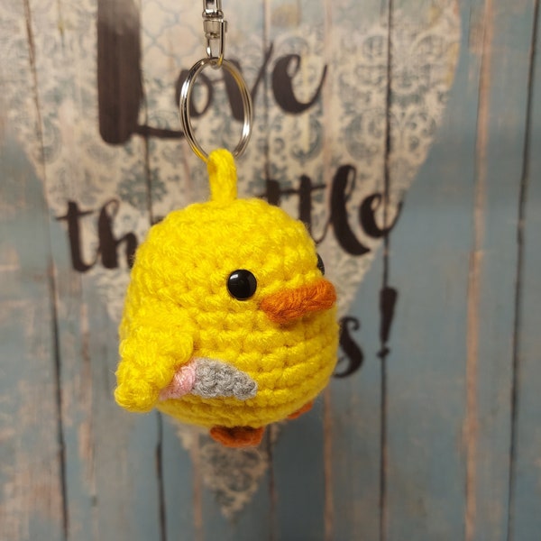 Duck with Knife plush, little duck key charm, crochet toy, plush amigurumi