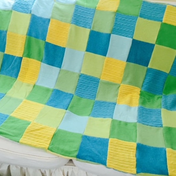 The "MERMAID" Doubled sided  Blue,Green & yellow 100% CASHMERE quilt from repurposed sweaters