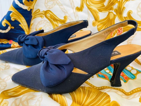 Vintage Navy blue Silk Tie Slingback pumps shoes - image 5