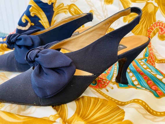 Vintage Navy blue Silk Tie Slingback pumps shoes - image 4