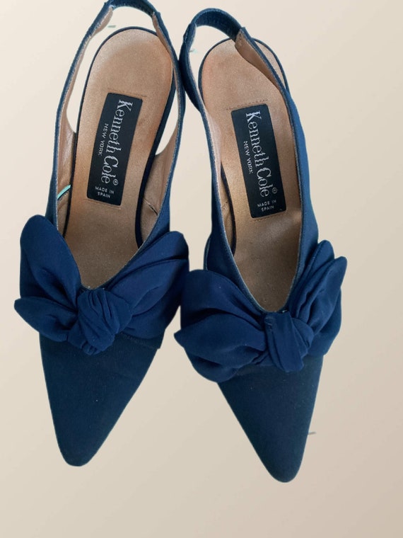 Vintage Navy blue Silk Tie Slingback pumps shoes - image 6