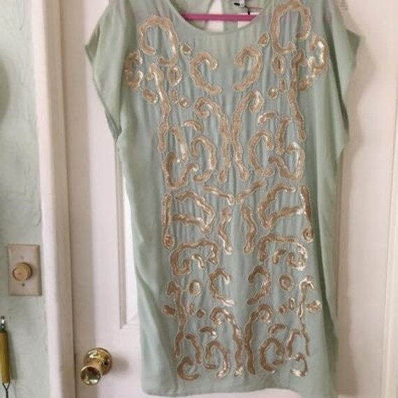 Mint Green Chiffon Beaded  short Tunic Dress - image 1