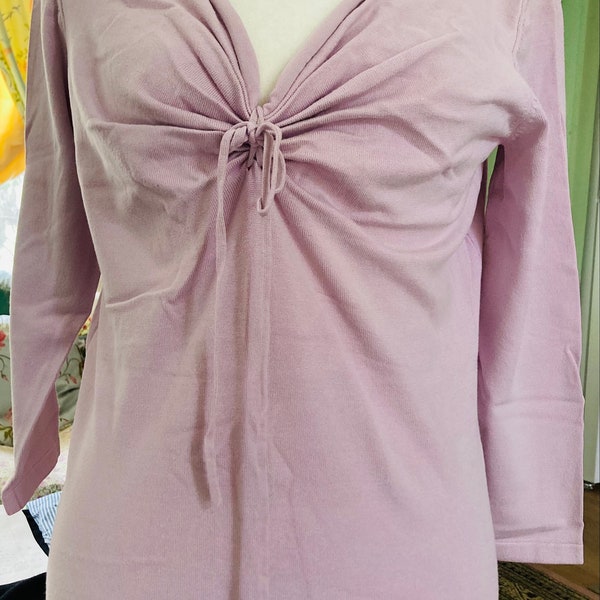 90's BANANA REPUBLIC Lilac Purple  deep v-neck silk blend 3/4 sleeve ruched bust with ties shirt sz. L