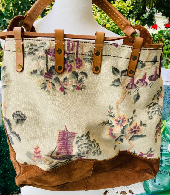 LUCKY BRAND Canvas Chinoiserie &  brown Suede dra… - image 9