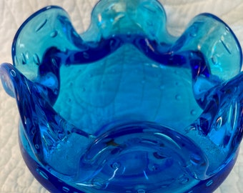MCM Turquoise Heavy Hand BLOWN GLASS ruffled edge dish pontil bottom