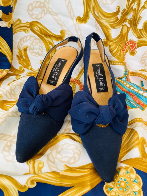 Vintage Navy blue Silk Tie Slingback pumps shoes - image 2