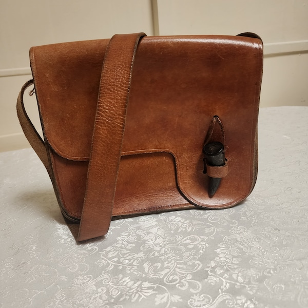 Vintage 1970s Tooled Leather Handbag with Horn Tusk