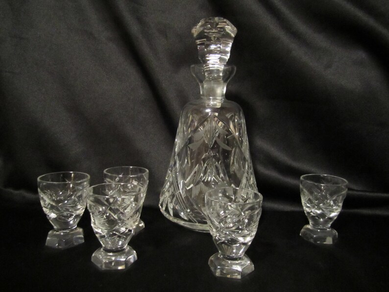 Vintage Crystal Decanter and 5 glasses Etsy