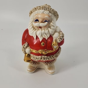 Vintage Christmas SANTA CLAUS Ceramic Bank Spaghetti Trim Decoration Japan 1950s