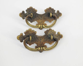 Vintage French Brass Metal Ornate Drawer Pulls Drop Rings Handles Antique lot of 2
