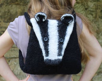 Knitting Pattern (UK) for Boris - a felted badger bag.  Knitted in chunky yarn then felted in the washing machine. Backpack or shoulder bag