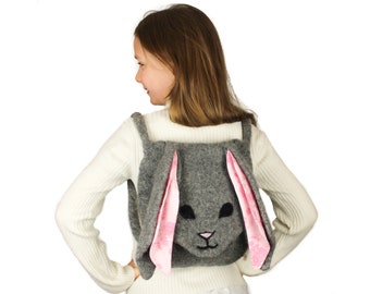 Knitting Pattern (UK): Rebecca Rabbit Felted Backpack Bag - Impressive but super easy! Knitted kids bag. Easter bunny gift idea.