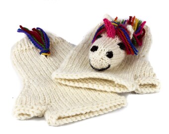 Knitting Pattern (UK) Ulysses Unicorn Mittens - wrist warmers, fingerless gloves and mittens with rainbow unicorn head & tail. Pdf download.