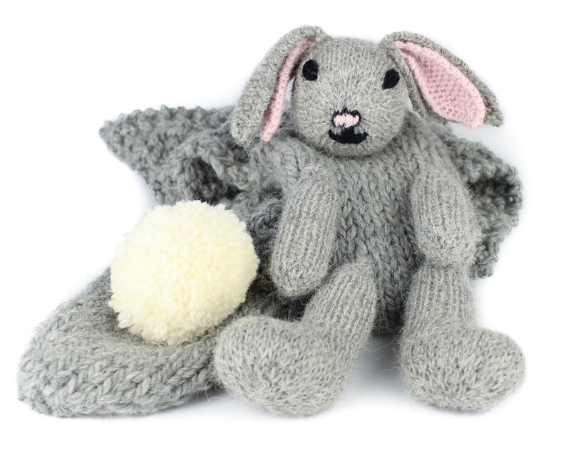 Knitting Pattern US Terms Rebecca Rabbit Scarf. Quick scarf knit in bulky yarn with bunny rabbit puppet toy and hand pockets. Easy knit. image 4