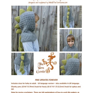 Crochet Pattern US Dinosaur Hood. Sizes baby, children, adult. Chunky yarn. Quick Easy. Helpful detailed pattern. INSTANT DOWNLOAD image 5