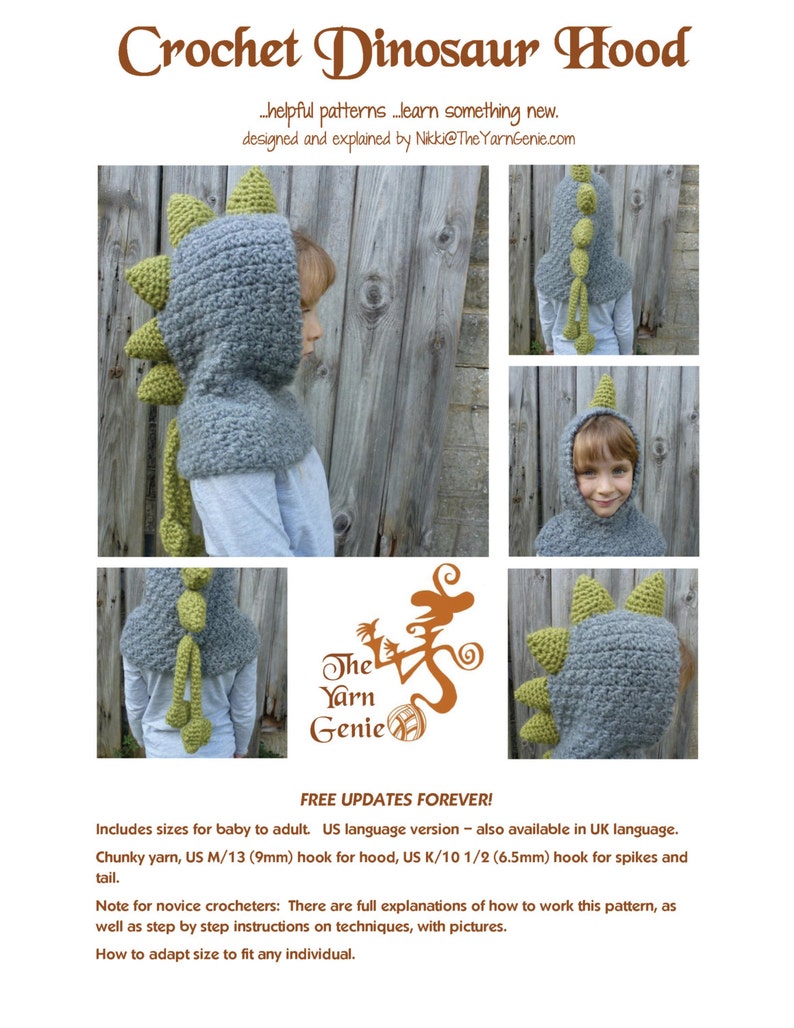 Crochet Pattern US Dinosaur Hood. Sizes baby, children, adult. Chunky yarn. Quick Easy. Helpful detailed pattern. INSTANT DOWNLOAD image 5