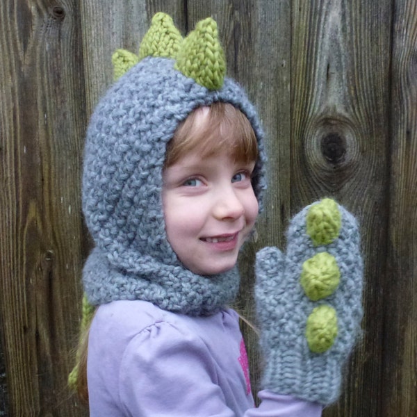 Knitting Pattern (UK) for Dinosaur Hood & paws.  Size Baby, Children, Adult. Knits quick, Chunky Yarn. Picture Tutorial.  INSTANT DOWNLOAD