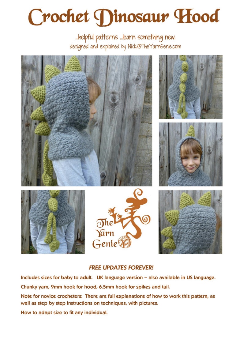 Dinosaur Hood Crochet Pattern UK Dinosaur Cowl Dragon Hood Dinosaur Scoodie Scoodie Pattern Hooded Scarf Pattern Kids Hood image 7