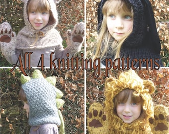 4 Knitting Patterns (UK) for Lion, Rabbit, Dinosaur & Bear Hood. Sizes baby to adult. Chunky yarn.  Helpful Patterns.  INSTANT DOWNLOAD