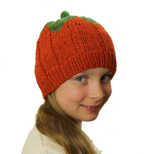 Puede incluir: Un gorro de punto naranja y verde en forma de calabaza. El gorro tiene un tallo verde en la parte superior y est&aacute; hecho con un punto de canal&eacute;.