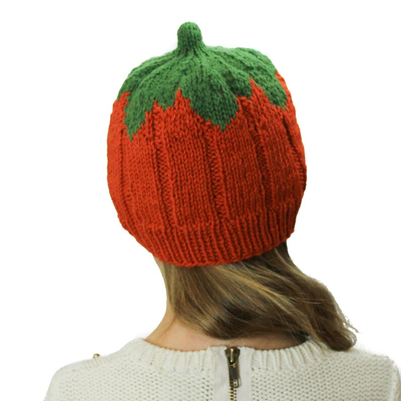 Puede incluir: Un gorro de punto con forma de tomate, con la parte superior verde y el cuerpo naranja.