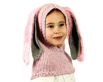 Knitting Pattern (UK) for Rabbit Hood, hooded cowl, scoodie, with choice of bunny ears. Baby, toddler, child, adult sizes. INSTANT DOWNLOAD