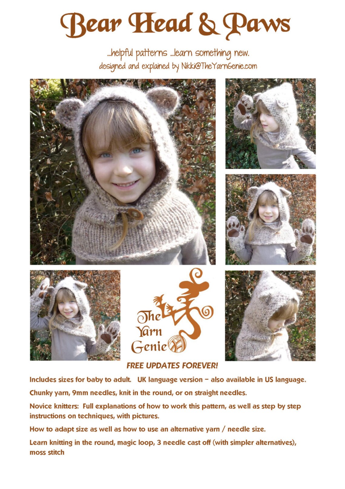 Knitting Pattern US for Bear Hood and Mittens paws Size Baby, Children