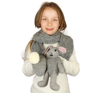 Knitting Pattern US Terms Rebecca Rabbit Scarf. Quick scarf knit in bulky yarn with bunny rabbit puppet toy and hand pockets. Easy knit. image 2