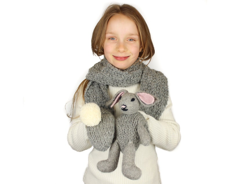 Knitting Pattern US Terms Rebecca Rabbit Scarf. Quick scarf knit in bulky yarn with bunny rabbit puppet toy and hand pockets. Easy knit. image 2